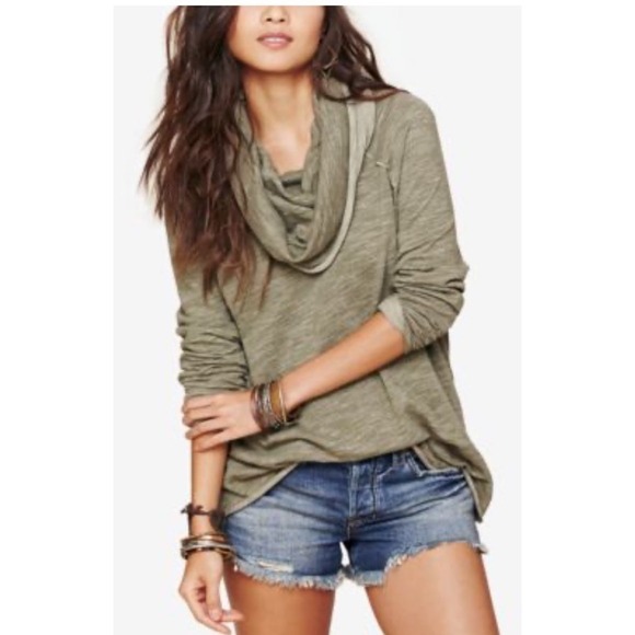 Free People Tops - Free People BEACH Heather Green Cotton Long Sleeve Cowl Neck Pullover Size M